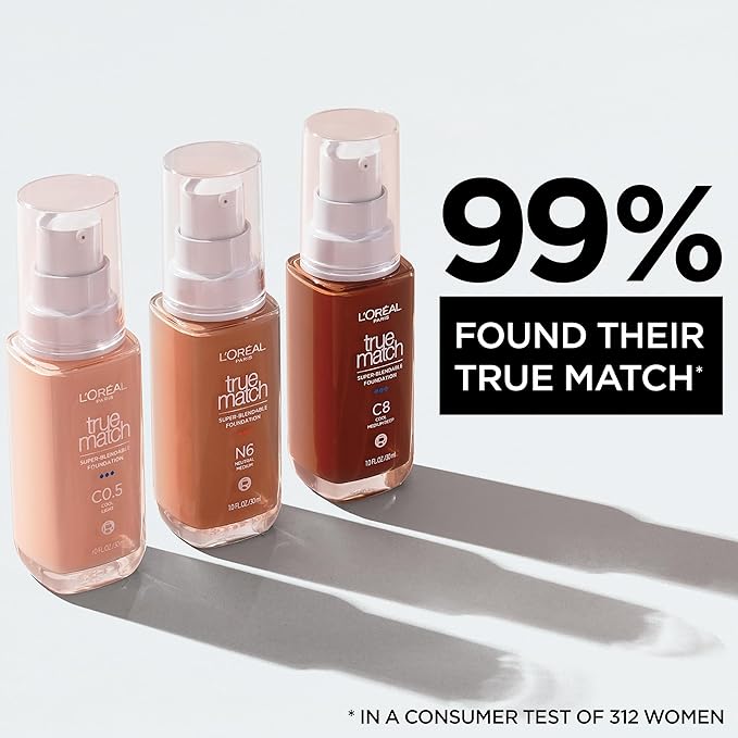 L'Oreal Paris True Match Super-Blendable Foundation, Medium Coverage Liquid Foundation Makeup, W10, Deep, 1 Fl Oz