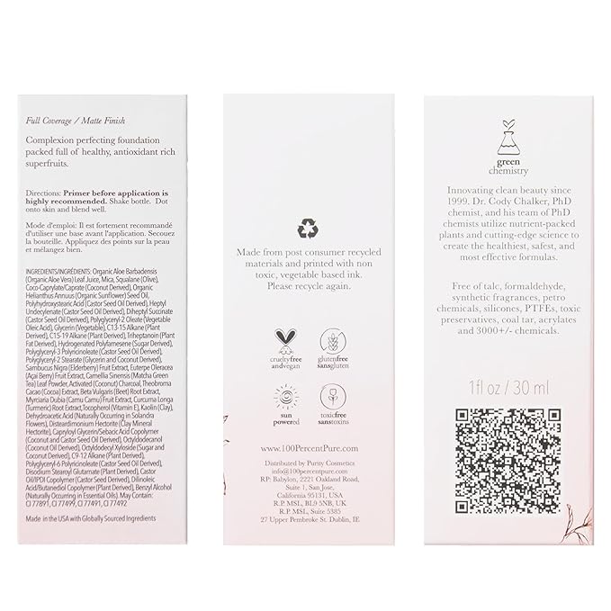 100% PURE Healthy Foundation Full Face Coverage Makeup, Liquid Matte Finish with Anti-Aging Benefits - Vegan Gorgeous Fruit Pigmented White Peach Color (Light with Warm Undertone) - 1 Fl Oz