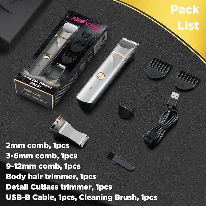 AREYZIN Body Hair Trimmer for Women Electric Body Shaver for Back Chest Armpit Legs Pubic Hair, USB Rechargeable, Replaceable Snap-in Ceramic Blades, IP7X Waterproof for Wet and Dry Use,Gray&Gold
