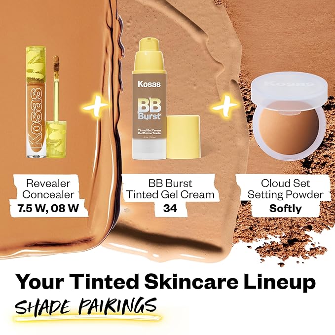 Kosas BB Burst Tinted Face Gel Cream - Supports Healthy Collagen, Smoothes Skin, Hydrates & Moisturizes - Lightweight Buildable Coverage - Medium Deep Warm 34, (1 Oz/30 ML)