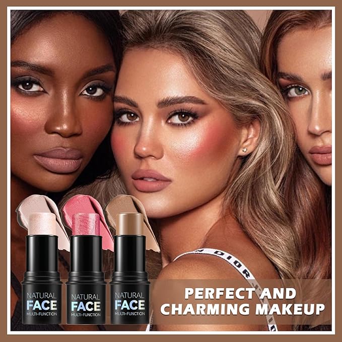 Highlighter Stick Cream Blush Stick Bronzer Contour Stick Makeup,3 PCS Cream Contour Kit with Contour Brush,Long Lasting & Professional Highlighters Makeup Stick for Beginner