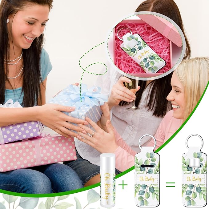 18 Sets Baby Shower Bridal Shower Favors for Guests Bulk Lip Balm and Lipstick Holder Keychains Set Baby Shower Bridal Shower Goodies Bags Thank You Gifts for Guests(Eucalyptus Baby)