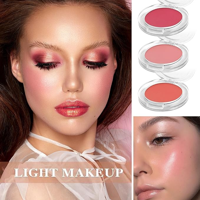 3 Colors Blush Palette,Matte Contour Makeup Blush for Cheeks,Waterproofing Highly Pigmented Face Cheek Blusher with Make Up Brush A12