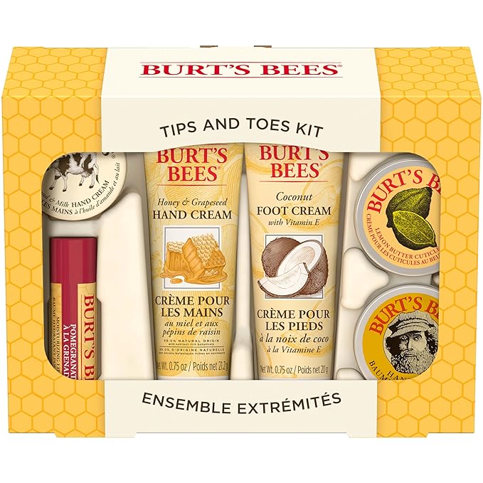 Burt's Bees Back to School Gifts Ideas, 6 Body Care College Dorm Products, Tips and Toes Set - Pomegranate Moisturizing Lip Balm, 2 Hand Creams, Foot Cream, Cuticle Cream & Hand Salve