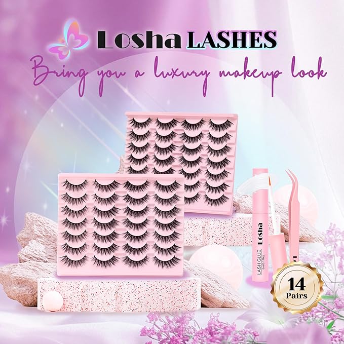 Losha Lashes Wispy False Eyelashes Natural Cat Eye Lashes Kit with Lash Glue and Lash Tweezers 14 Pairs Short Fake Eyelashes Soft Thin Faux Mink Lashes Pack (Lighter)