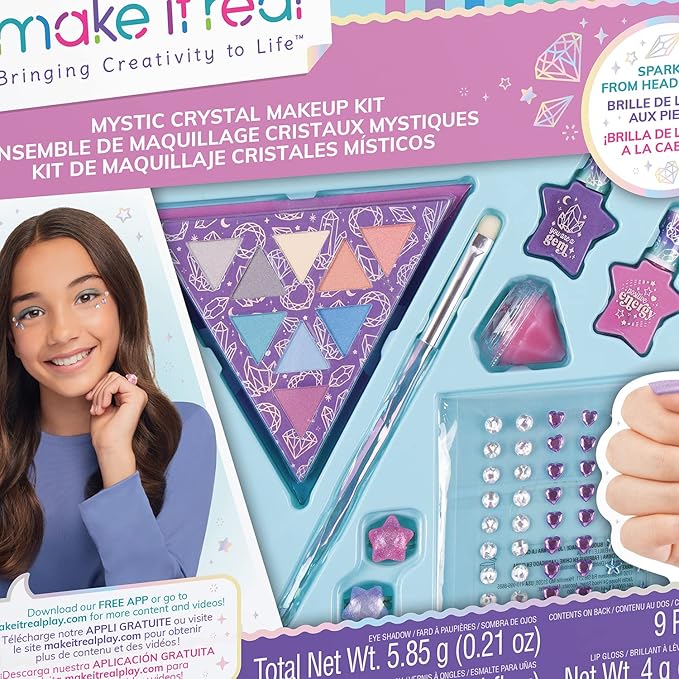 Make It Real: Mystic Crystal Makeup Kit - 9 Piece Tween Cosmetic Set, Sparkle Head To Toe, Rings-Eyes-Lips-Nails, Water-Based Nail Polish, You Are Magic, Take-Anywhere Cosmetic Set, Kids Ages 8+
