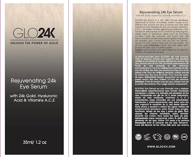 GLO24K Eye Serum with 24k Gold, Hyaluronic Acid, and Vitamins A,C,E. Potent Formula for the delicate skin around the eyes.