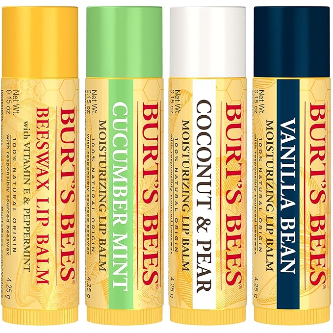 Burt's Bees Lip Balm - Beeswax, Cucumber Mint, Coconut & Pear, and Vanilla Bean Pack, With Responsibly Sourced Beeswax, Tint-Free, Natural Origin Lip Treatment, 4 Tubes, 0.15 oz.