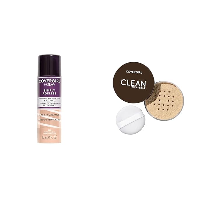 COVERGIRL+OLAY Simply Ageless 3-in-1 Liquid Foundation, Classic Ivory & Clean Invisible Loose Powder - Loose Powder, Setting Powder, Vegan Formula - Translucent Fair, 20g (0.7 oz)
