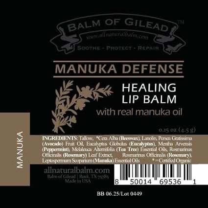 BALM OF GILEAD Manuka Defense Healing Lip Balm - Intensive Moisture Therapy in Tube w/Manuka, Tea Tree & Cooling Peppermint - Ideal for Chapped & Cracked Lips - Beauty Pack Of 4-0.15 oz