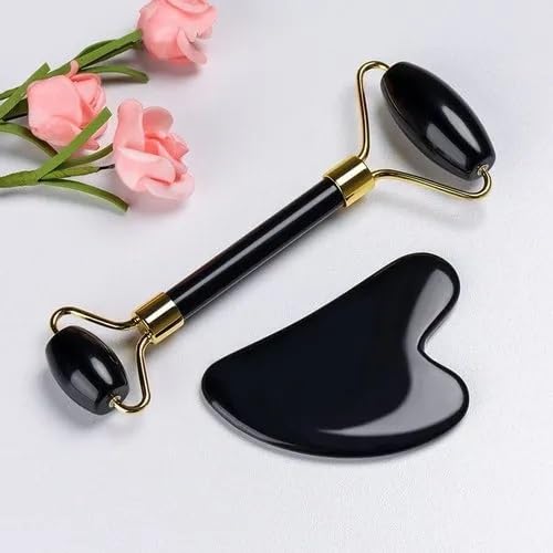 Black Obsidian Jade Facial Roller & Gua Sha Set 100% Natural Source from Highest Altitude of Himalayan Two-Sided Face Neck Massager Stone Beauty Tool
