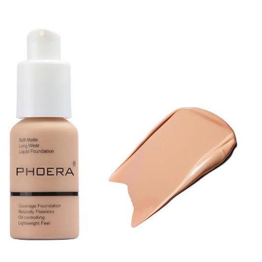 2Pcs Liquid Foundation Full Coverage 24HR Matte Oil Control Concealer 30ml (Nude & Buff Beige) with Kabuki Foundation Brush Flat Top (1pcs-103)