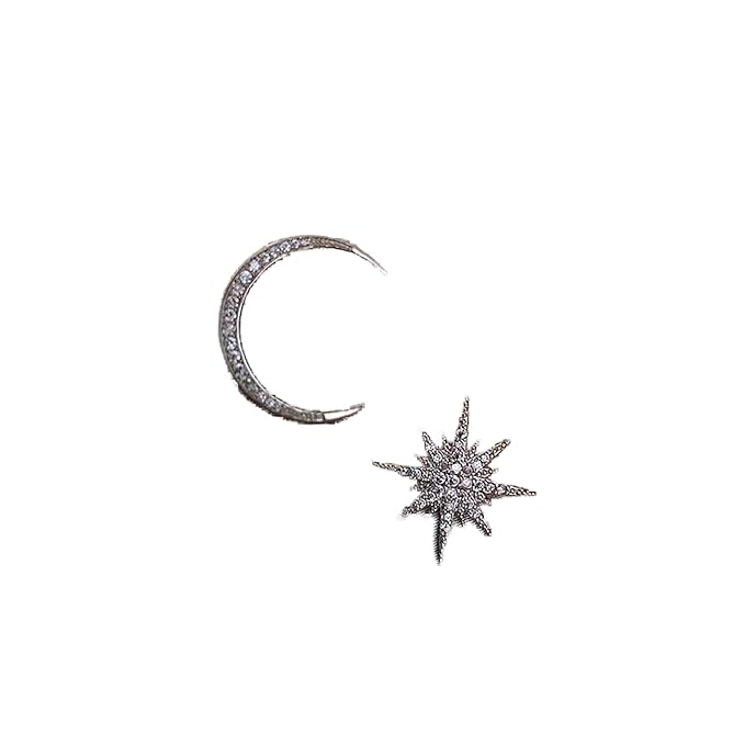Boho Star Moon Studs Earrings Silver CZ Sunburst Earrings Rhinestone Crescent Moon Earrings Mismatched Earrings Jewelry for Women and Girls