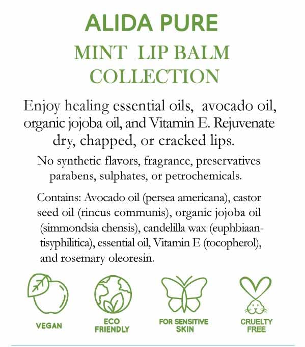 ALIDA PURE Mint Lip Balm Collection, Vegan Lip Balm, Beeswax Free, with Avocado Oil, Organic Jojoba Oil, and Vitamin E, for Dry, Chapped, or Cracked Lips, 3 Tube Set