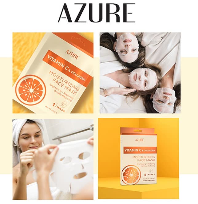 Azure Cosmetics Vitamin C & Collagen Moisturizing Facial Sheet Mask- Anti Aging, Deeply Moisturizing & Firming - Improves Elasticity - Skin Care Made in Korea - Pack of 5