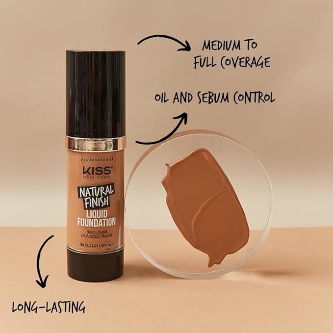 Kiss New York Professional Liquid Foundation - Lightweight and Hydrating Formula, Natural Finish, Control Shine, Cover Pores, Medium to Full Coverage, Green Tea Extract (Warm Honey)