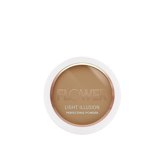 FLOWER Beauty By Drew Barrymore Light Illusion Perfecting Powder - Powder Foundation + Setting Powder for Makeup - Medium Buildable Coverage - Natural Glow + Flawless Finish - Mirror + Sponge Include d (Mocha)