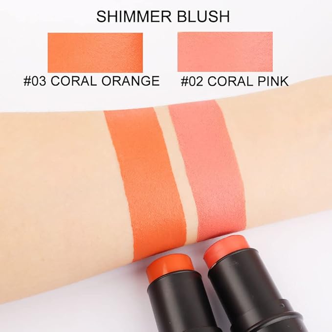 evpct 2Pcs Shimmer Orange Cream Blush Stick for Cheeks Lips Tint Eyes Contour Highlighter Makeup Sticks Lightweight Hydrating formula rubor en crema para los cachetes 02 Coral Pink & 03 Coral Orange