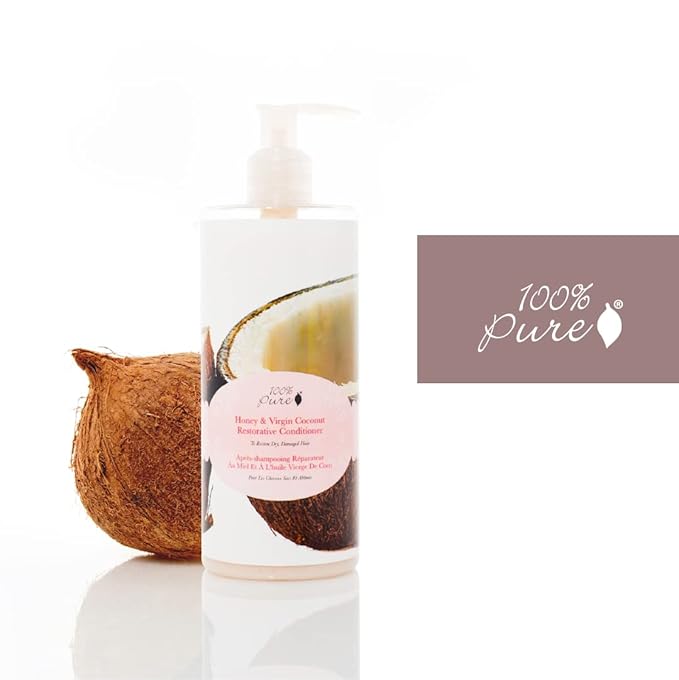 100% PURE Honey & Virgin Coconut Restorative Conditioner Moisturizer & Repair Replenishing Nutrient Boost for Dry Damaged Hair, Promotes Healthy Growth for Women & Men - Sulfate Free - 13 Fl Oz