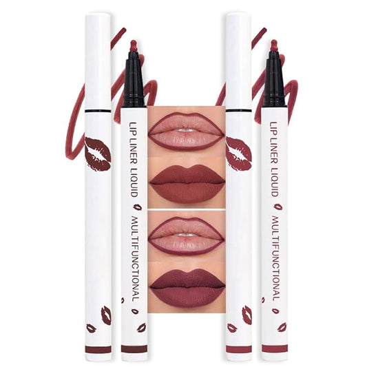 2Pcs Longwear Liquid Lip Liner Stain Marker Pen Set Long Lasting Waterproof, Black Cherry Wine Red Matte Permanent 24 Hour Lip Liner and Lipstick Combo, Color Stay Lipliner All Day Lips Stain peel off