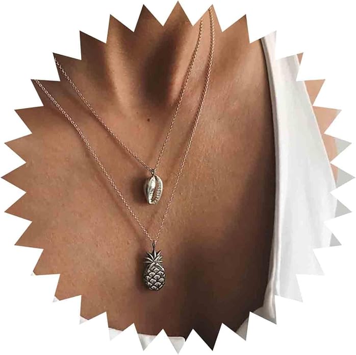 Boho Layered Shell Pineapple Choker Necklace Silver Seashell Pendant Necklace Vintage Cowrie Shell Necklace Beach Charm Necklace Jewelry for Women Gifts