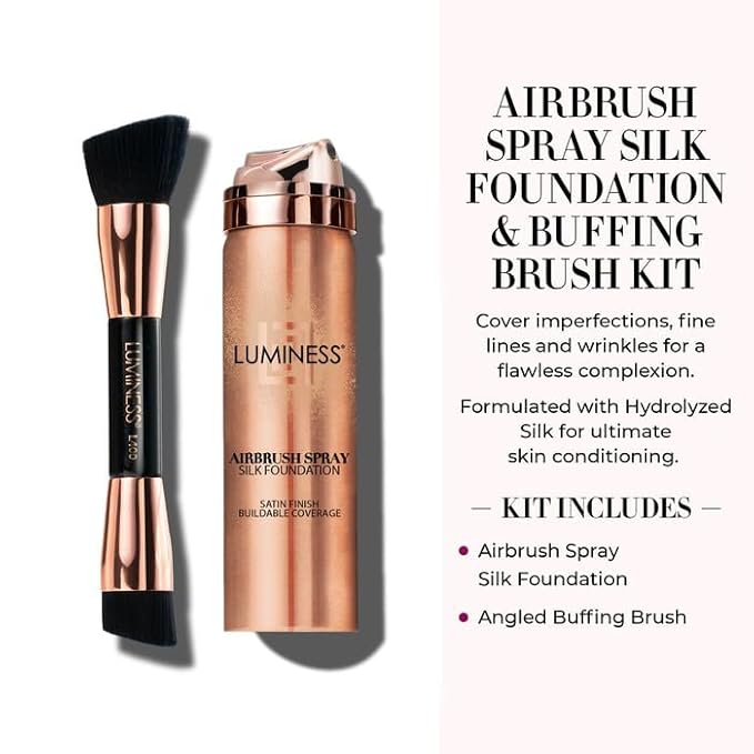 LUMINESS Silk Airbrush Spray Foundation & Buffing Brush Kit – Full Coverage Foundation & Dual-Sided Buffing Brush - Buildable Coverage, Anti-Aging Formula Hydrates & Moisturizes (Shade - Light Tan)