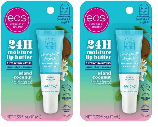 eos Sunset Sips Lip Butter Tube- Island Coconut, 24-Hour Moisture, Overnight Lip Mask, Lip Care Products, 0.35 fl oz (Pack of 2)
