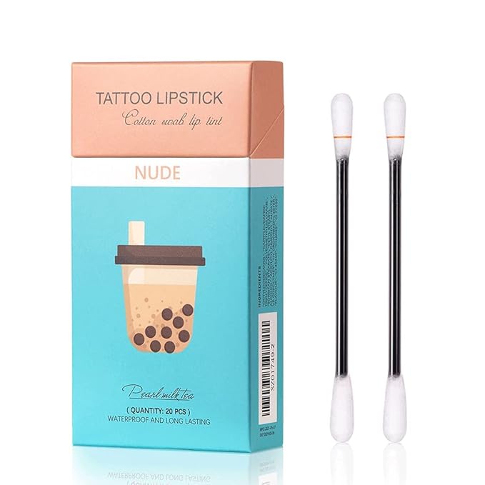 FLIPNEX 20Pcs Cotton Swab Tattoo Lipstick, Tattoo Lipstick Cotton Swab Lip Tint, Waterproof and Long Lasting Liquid Non-Stick Portable Lip Gloss (Nude)