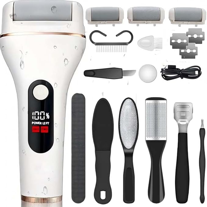 Electric Foot Callus Remover, Portable Electric Foot File with 15 in 1 Professional Pedicure Kits,Rechargeable Pedicure Tools for Foot Care, Waterproof Remover Cracked Feet & Dead Skin, Gift (White)