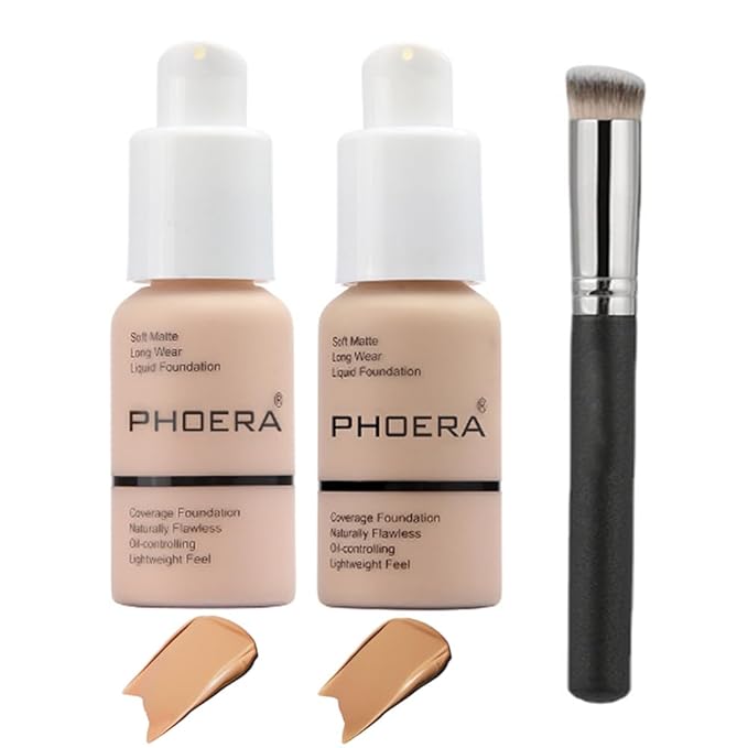 2 Pcs Liquid Foundation Full Coverage 24HR 30ml Matte Oil Control Foundation Makeup Concealer (Buff Beige & Sand) with Kabuki Foundation Brush Flat Top