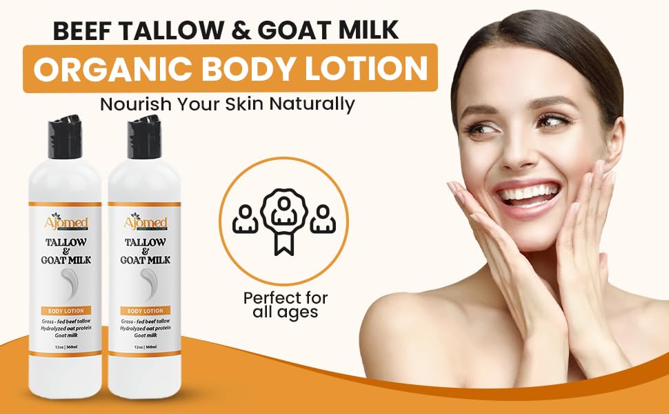 Grass Fed Beef Tallow & Goat Milk Body Lotion for Sensitive Skin, Organic Tallow Lotion - Soothes Dry Patches, Goat Milk Moisturizer - Handmade Tallow Body Lotion (UNSCENTED, 8 Oz)