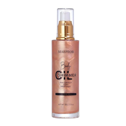 MAEPEOR Shimmer Body Luminizer 5 Colors Moisturizing Glow Illuminator Smooth and Non-sticky Summer Body Highlighter For Face & Body (80ML, 05 Rose Gold)