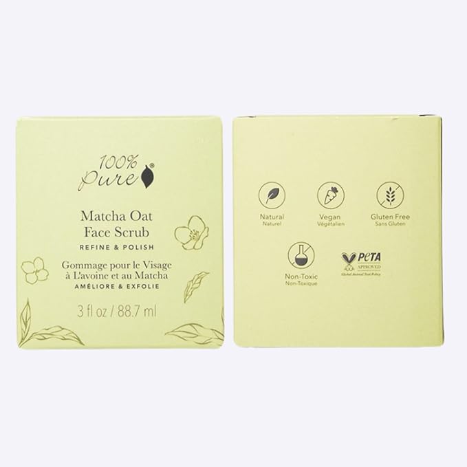 100% PURE Matcha Oat Face Scrub Facial for Glowy Radiant Skin Exfoliator & Pore Minimizer Natural Skincare for Women & Men, Vegan - 3 oz