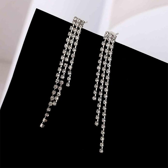 Boho Rhinestone Tassel Earrings Long Fringe Drop Dangle Earrings Silver Crystal Chain Tassel Earrings Vintage Chandelier Chain Studs Earrings Luxury Statement Earrings Jewelry for Women and Girls Gifts