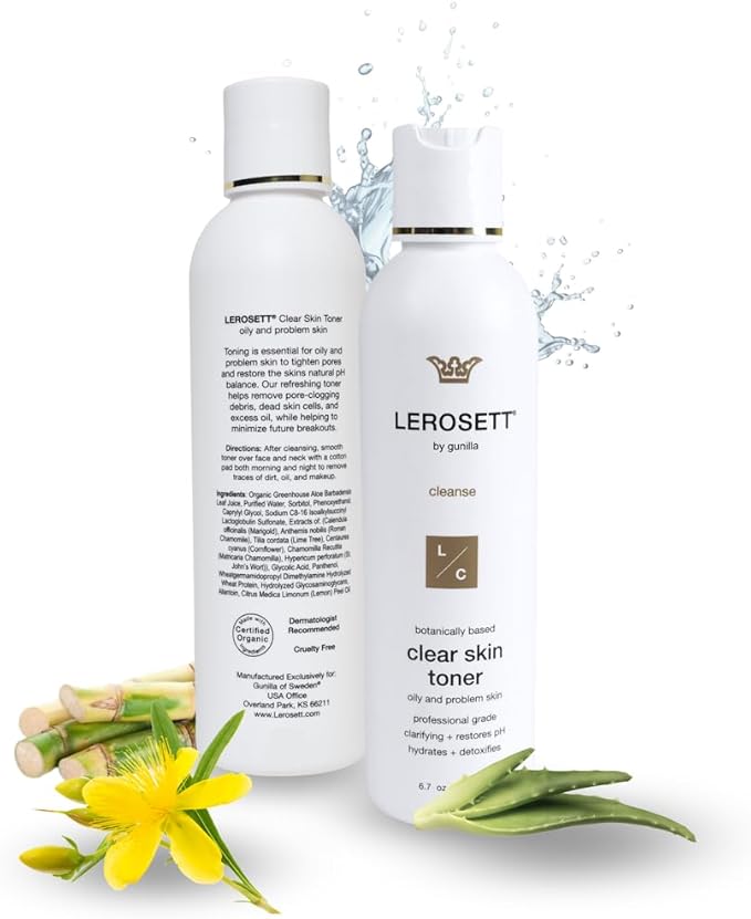 LEROSETT Toner for Clear Skin, Aloe Vera Based Toner with Glycolic Acid & 10 Calming Botanicals Helps Reduce Irritation, Future Blemishes, Blackheads, and Tightens Pores, Natural, Vegan - 6.7 oz