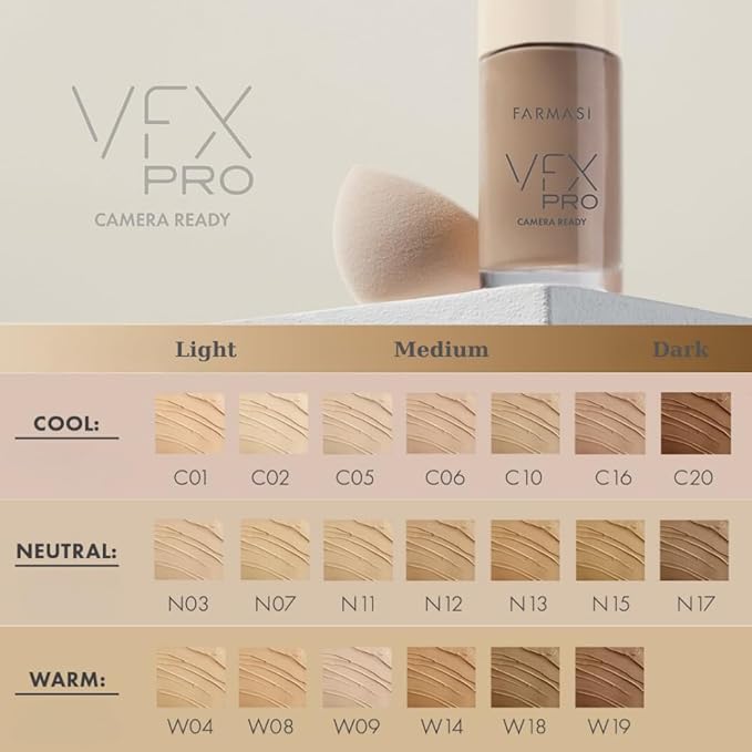 FARMASi Vfx Pro Foundation, Full Coverage Liquid Cream, Lightweight Long Lasting Coverage, Breathable Skin Moisturizer with Color True Matte Blending, Face Makeup, 1 fl. oz / 30 ml - Neutral Medium 12