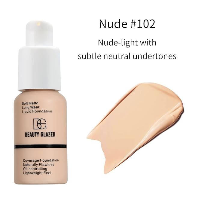 Beauty Glazed Soft Matte Silky Full Coverage Liquid Foundation, Multi-Use Buildable Foundation Lightweight Feel Oil Control Longwear Naturally Flawless Coverage Foundation (102 Nude)