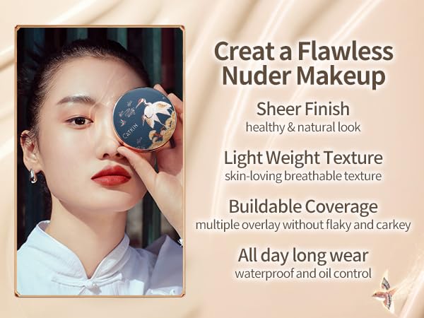 Catkin Phoenix Cushion Foundation Buildable Coverage Anti-Aging Serum Makeup, Sheer Satin Finish, Refill Included, Light Beige 0.46 Oz x 2, C04 BUFF