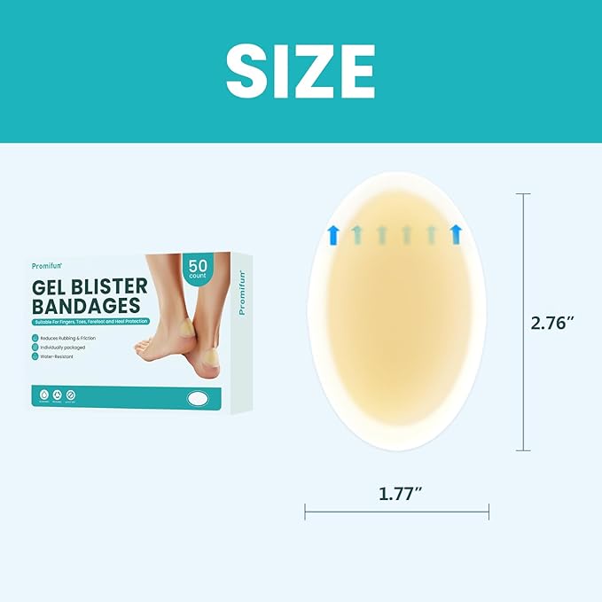 Blister Bandages Pads - 50 ct Blister Cushions - Water Resistant Hydrocolloid Bandage for Foot, Toe, Heel - Gel Blister Bandages for Prevention & Recovery, Heel Pack