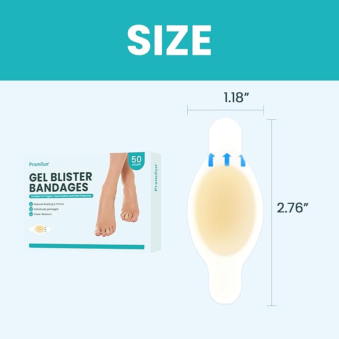 Blister Bandages Pads - 50 ct Blister Cushions - Water Resistant Hydrocolloid Bandage for Foot, Toe, Heel - Gel Blister Bandages for Prevention & Recovery, Toe Pack