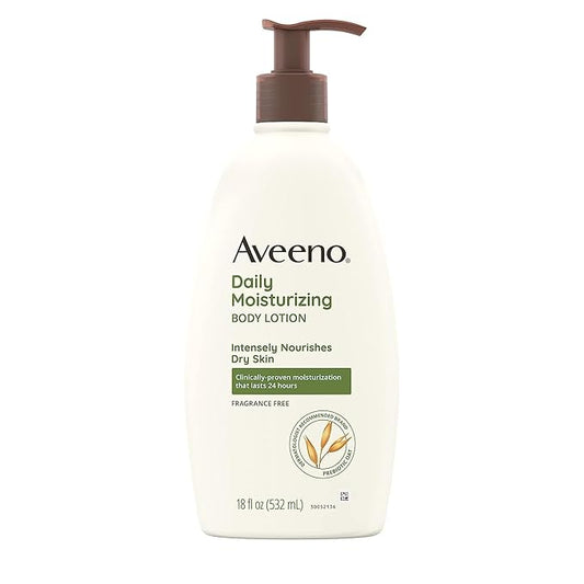 Aveeno Daily Moisturizing Body Lotion for Dry Skin with Prebiotic Oat, Fragrance & Paraben Free, Non-Greasy, Non-Comedogenic, for Sensitive Skin & 72-Hour Moisturizer 18 Fl Oz