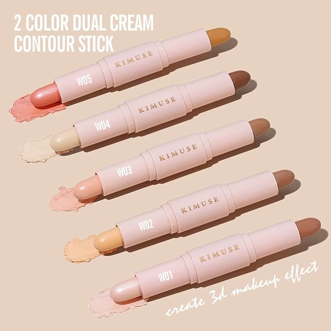 KIMUSE 2Color Dual Cream Contour Stick, Multi Blush & Contour Bronzer Stick, Long Lasting & Waterproof Contour Sticks Kit for Light Skin Face Makeup