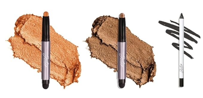 Julep Eyeshadow 101 Crème-to-Powder Eyeshadow Stick Duo + When Pencil Met Gel Sharpenable Multi-Use Longwear Eyeliner Pencil, 3pc Set - Bronze Shimmer, Soft Black & Marmalade Shimmer