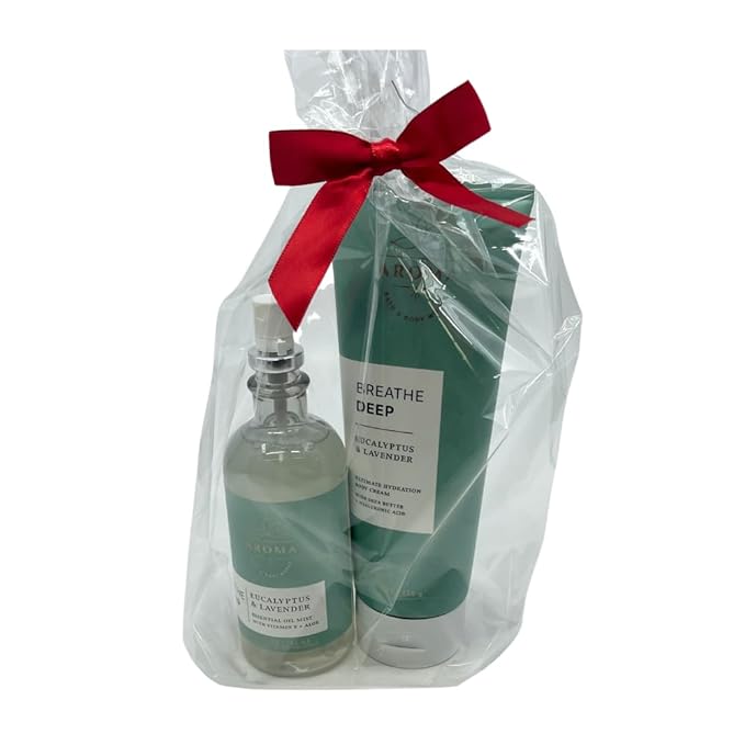 Bath & Body Works Aromatherapy Breathe Deep Eucalyptus & Lavender Gift Set with a Red Bow for Holidays & Gifts – Essential Oil Mist & Body Cream