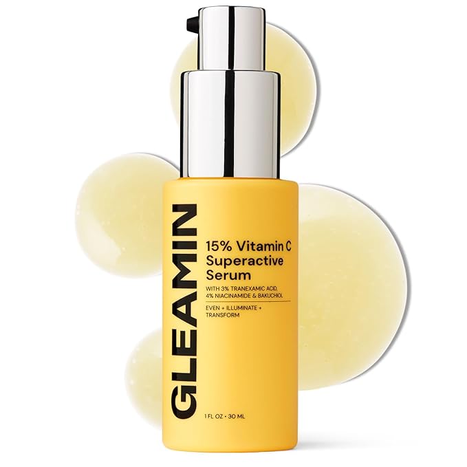 Gleamin Superactive Vitamin C Serum for Face with 15% Vitamin C, Niacinamide, Bakuchiol & Hyaluronic Acid – Skin Brightening Facial Serum for Women & Men – Dark Spot Remover & Radiant Glow – 1 fl oz