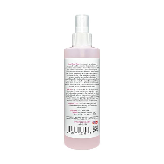 Well's Oil Rosewater Mist Spray (8 Fl oz) – Hydrates, Soothes & Refreshes | 100% Natural | No Chemical | for All Skin and Hair Types