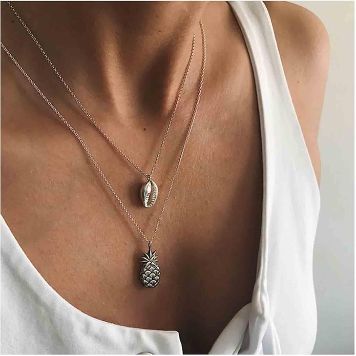 Boho Layered Shell Pineapple Choker Necklace Silver Seashell Pendant Necklace Vintage Cowrie Shell Necklace Beach Charm Necklace Jewelry for Women Gifts
