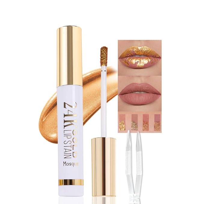 2025 New 24K Gold Liquid Lip Gloss Peel Off Lip Stain Tattoo with Tweezer, Ruby Red Lips Stain Peel Off Masque, Long Lasting Waterproof Lip Tint Stain, Transfer-proof for All Skin Types 03#