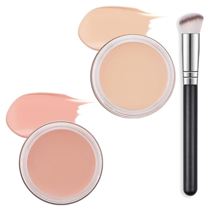 Kaely 2Pcs Pot Concealer Full Coverage Set,under Eye Brightener Concealer for Conceals Dark Circles,Waterproof Foundation Face Makeup Brush Kit,Color Correcting Concealer,02+04