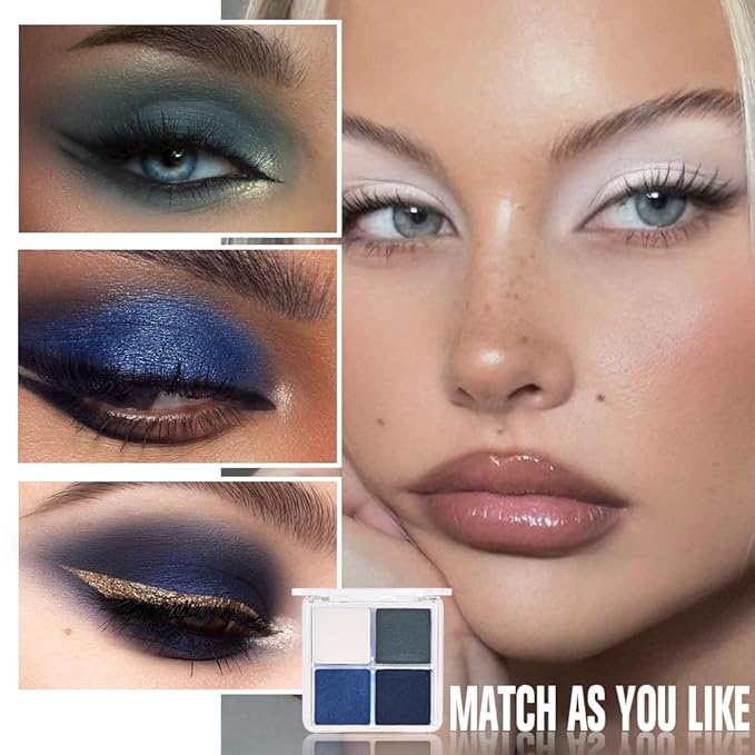 4 Colors Dark Peacock Green White Navy Sapphire Blue Eye Shadow Powder Palette Makeup, Highly Pigmented Waterproof Matte Shimmer Cream Quads Eyeshadow Palette for Women, paleta de sombras de ojos 08